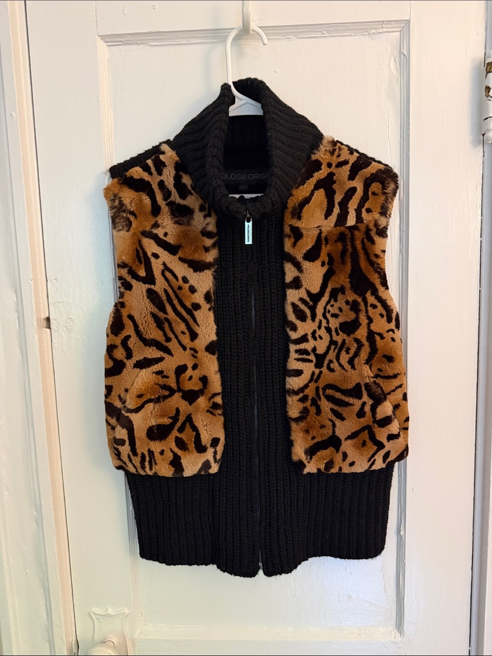100% Rabbit Fur Leopard Panel Knit Wool Vest - POLOGEORGIS